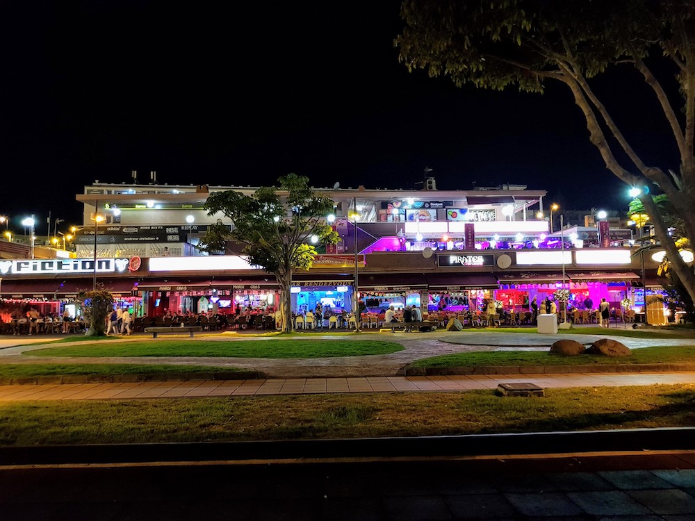 The Yumbo Centre in Playa del Inglés, Gran Canaria, lit up at night