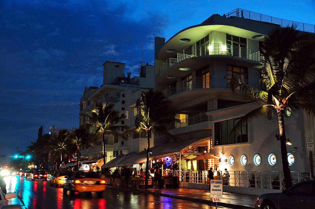 Neon-lit Ocean Drive in South Beach, Miami Beach, at night